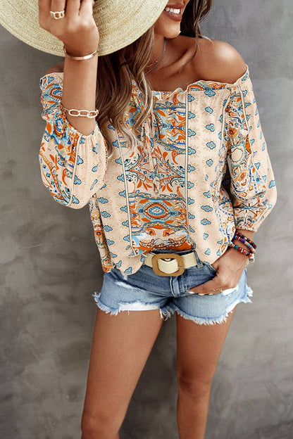 Supreme Fashion - Boho Print Off Shoulder Long Sleeve Knot Front Blouse