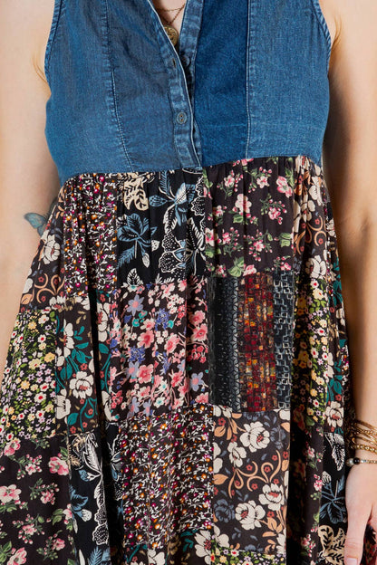 Young Threads - Rustic Summer Denim Short Dress with Print Patches