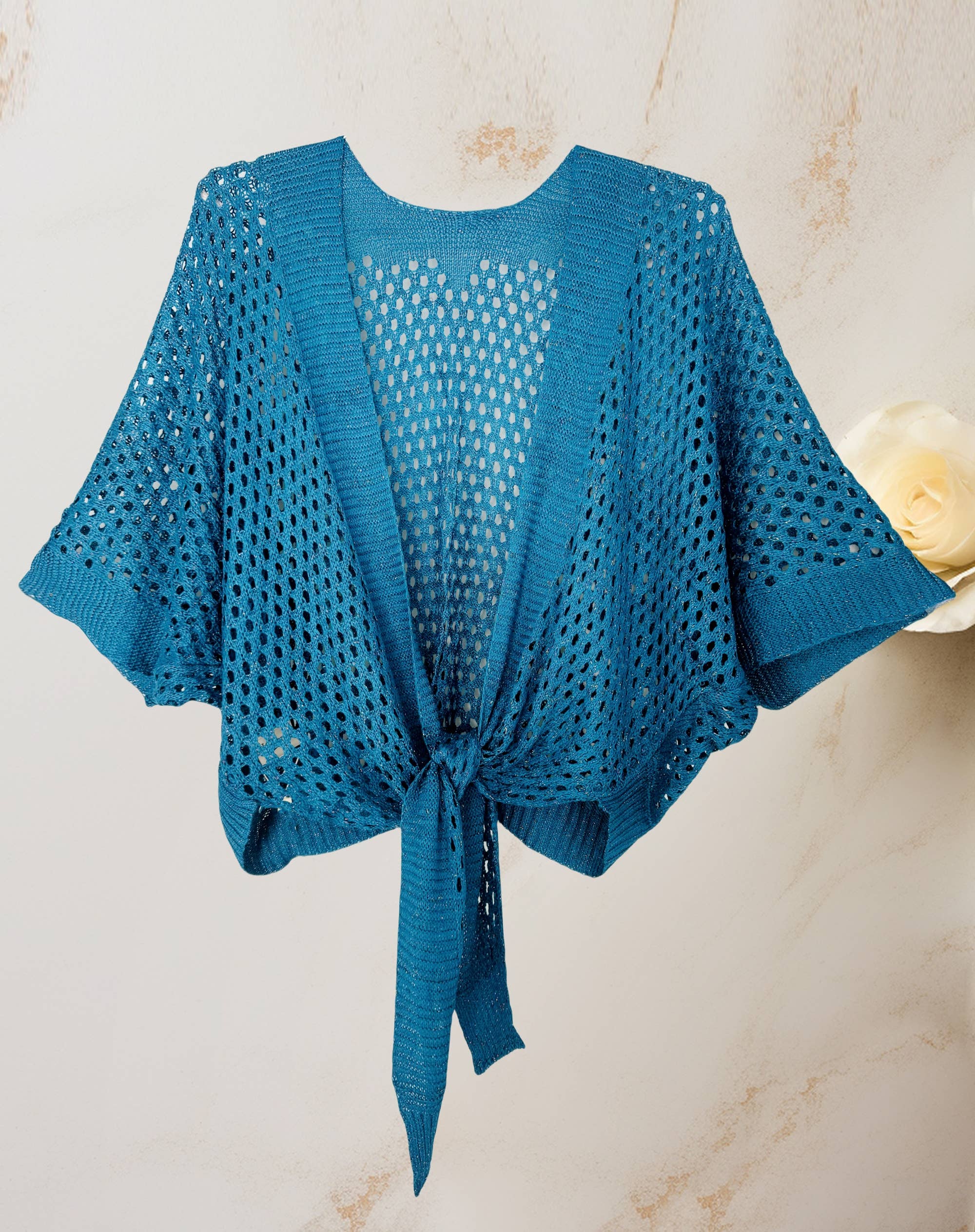 JC Sunny Fashion - Eyelet Open-Knit Metallic Cardigan with Front Tie