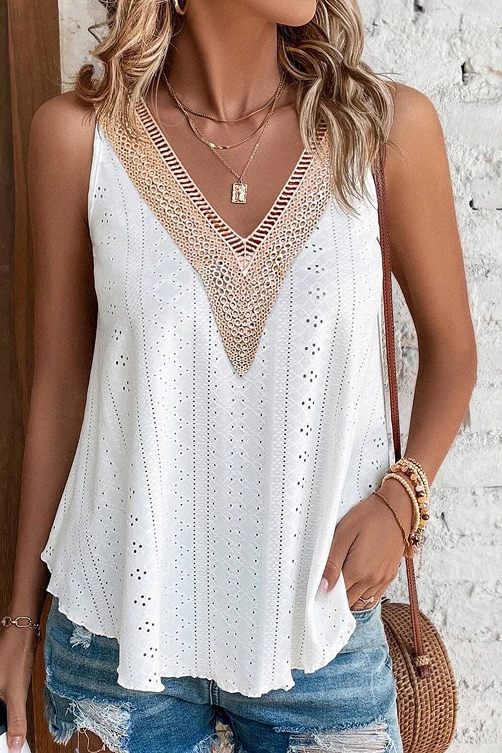 Lovesoft - Multicolor Lace Crochet Splicing V Neck Loose Fit Tank Top