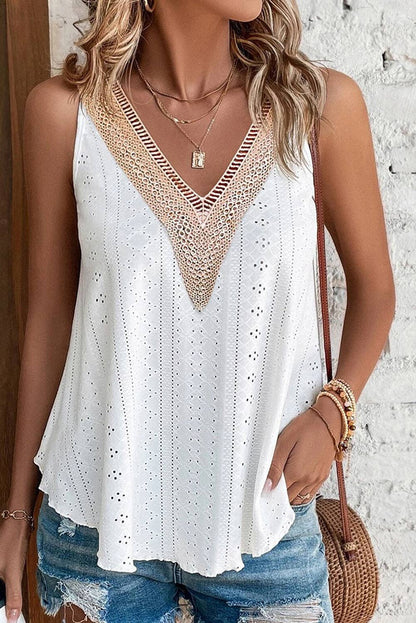Lovesoft - Multicolor Lace Crochet Splicing V Neck Loose Fit Tank Top