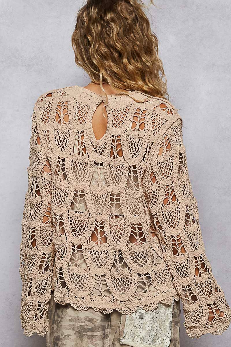 Pol Clothing - Round neck long sleeve solid crochet top