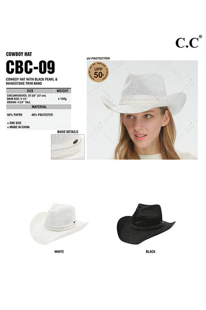 Hana - C.C Black Pearl Rhinestone Trim Cowboy Hat