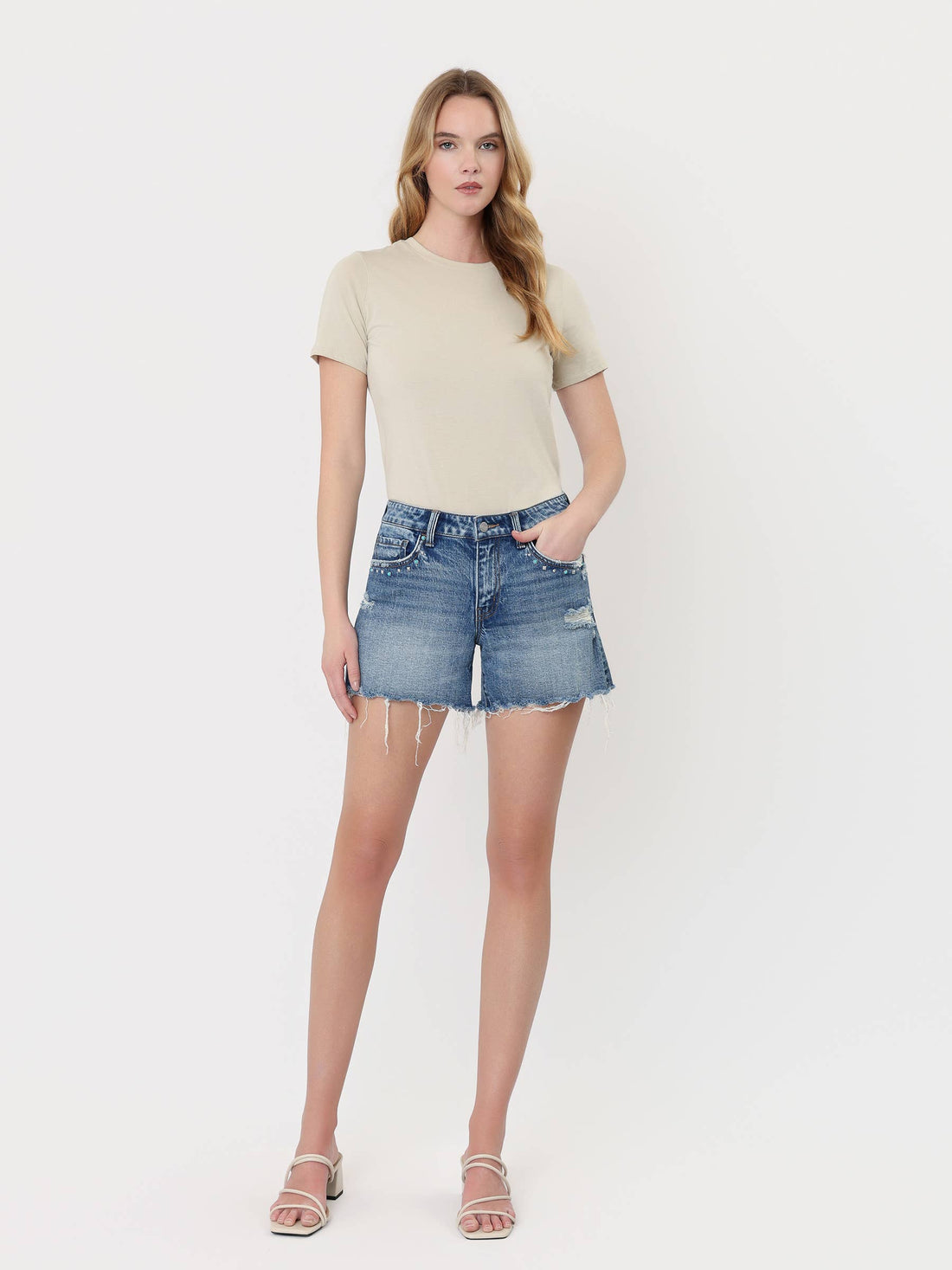 VERVET by FLYING MONKEY - MID RISE STUDDED FRONT POCKET A LINE SHORTS T7488