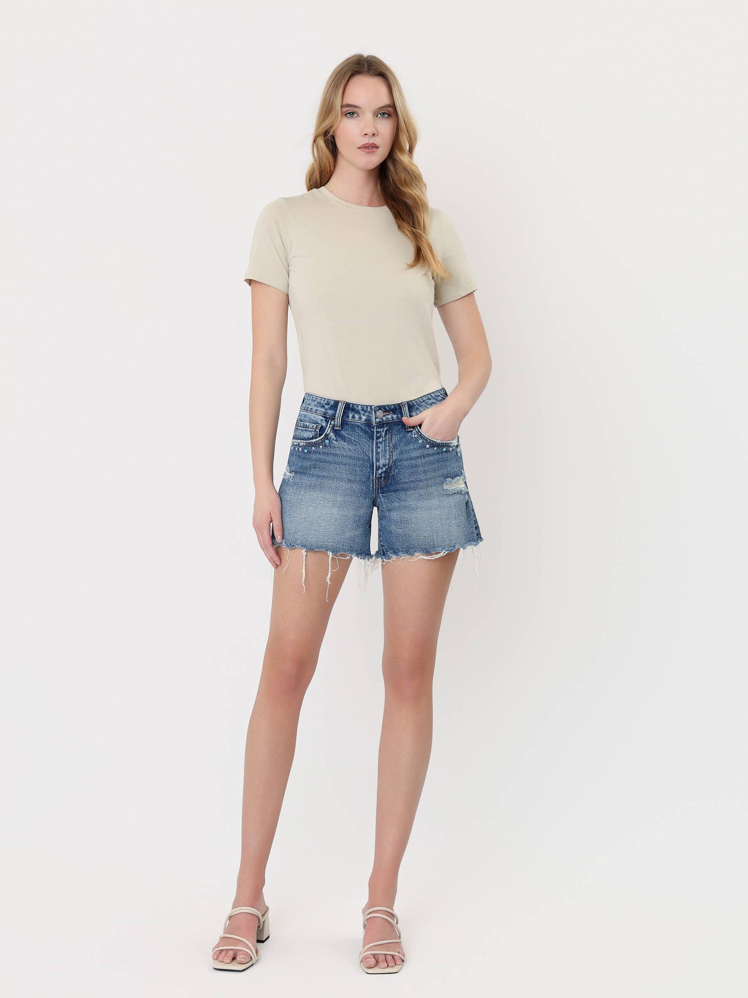 VERVET by FLYING MONKEY - MID RISE STUDDED FRONT POCKET A LINE SHORTS T7488