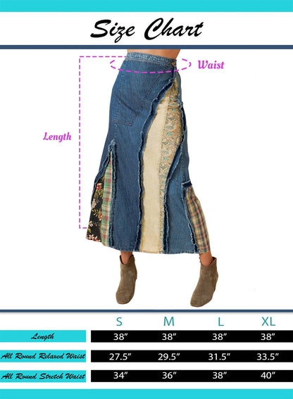 Young Threads - Western Boho Chic: Patch Inserted Denim Midi Skirt- New