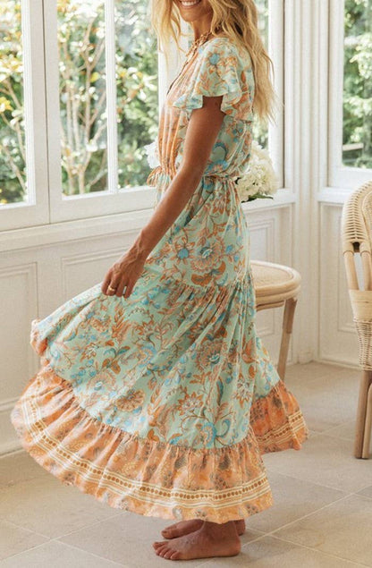  Bohemia Border Print Flutter Sleeve Maxi Dress