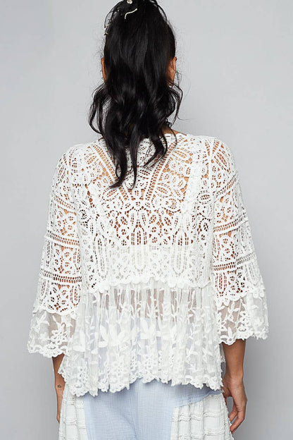 Pol Clothing - V-neck short sleeve crochet floral lace cardigan