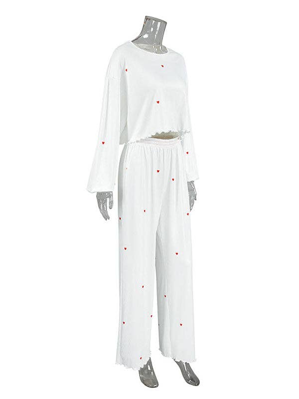 UZ Wholesale Store - High Waisted Long Sleeves Elasticity Heart Print See-Through Split-Joint Round-Neck Two Pieces Set