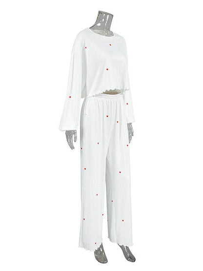 UZ Wholesale Store - High Waisted Long Sleeves Elasticity Heart Print See-Through Split-Joint Round-Neck Two Pieces Set