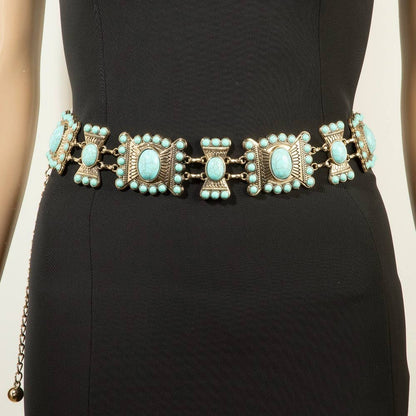 Collections by Fame Accessories - Turquoise Stone Western Concho Chain Belt