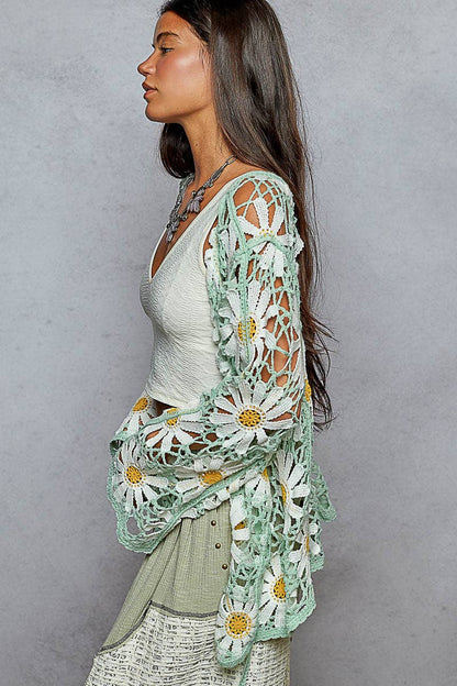 Pol Clothing - Long sleeve V neck crochet knit open cardigan
