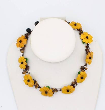  - Leather flower necklace with crystal stone choker