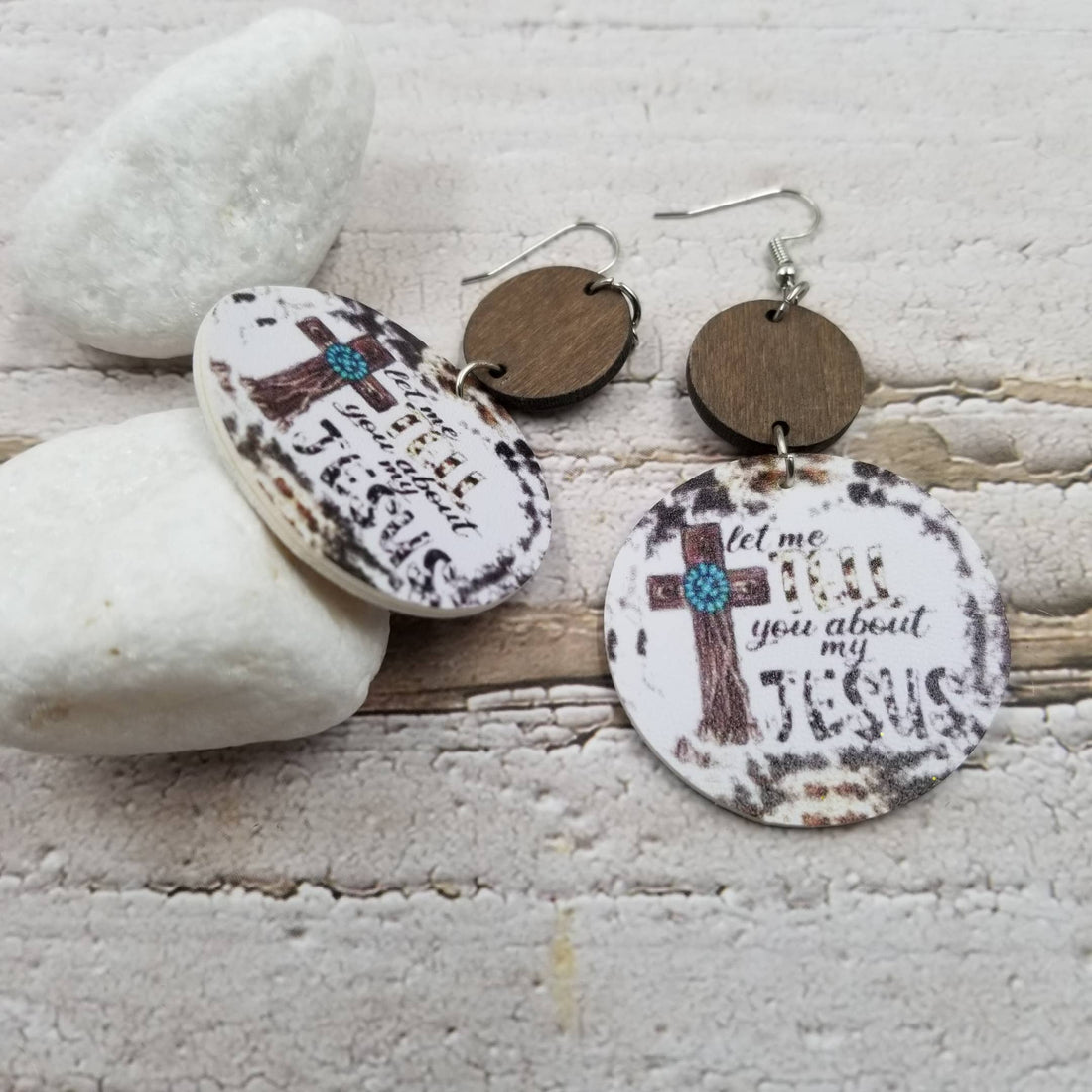 Cross Round Leather Wood Earrings