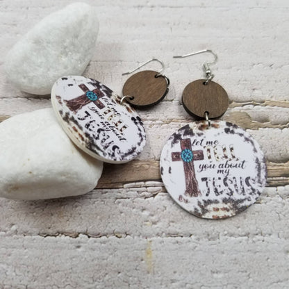 Cross Round Leather Wood Earrings