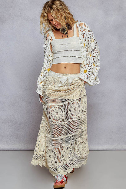 Pol Clothing - Long sleeve V neck crochet knit open cardigan