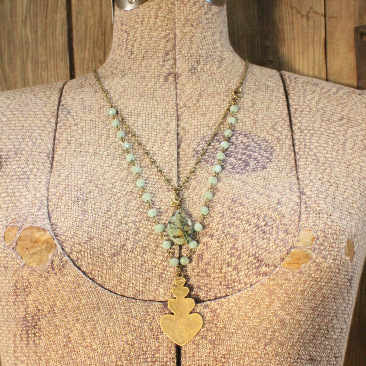 The Primitive Peddler, Inc. - Double Layered Stone &amp; Bronze Heart Drop Necklace