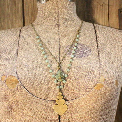 The Primitive Peddler, Inc. - Double Layered Stone &amp; Bronze Heart Drop Necklace
