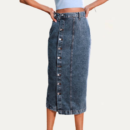 The Moment Collection - Always Chic Buttons High-Rise Denim Midi Skirt