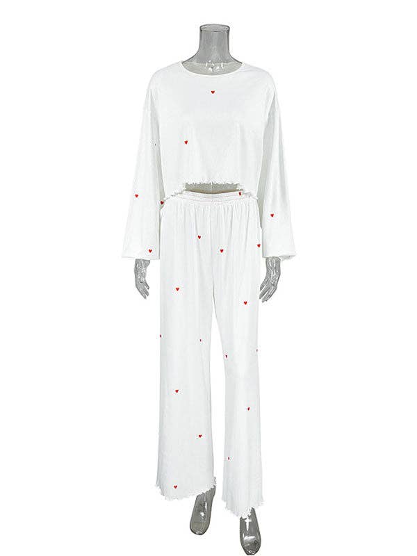 UZ Wholesale Store - High Waisted Long Sleeves Elasticity Heart Print See-Through Split-Joint Round-Neck Two Pieces Set