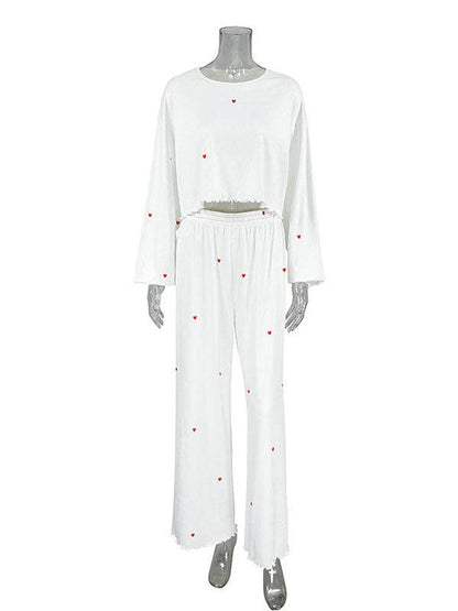 UZ Wholesale Store - High Waisted Long Sleeves Elasticity Heart Print See-Through Split-Joint Round-Neck Two Pieces Set
