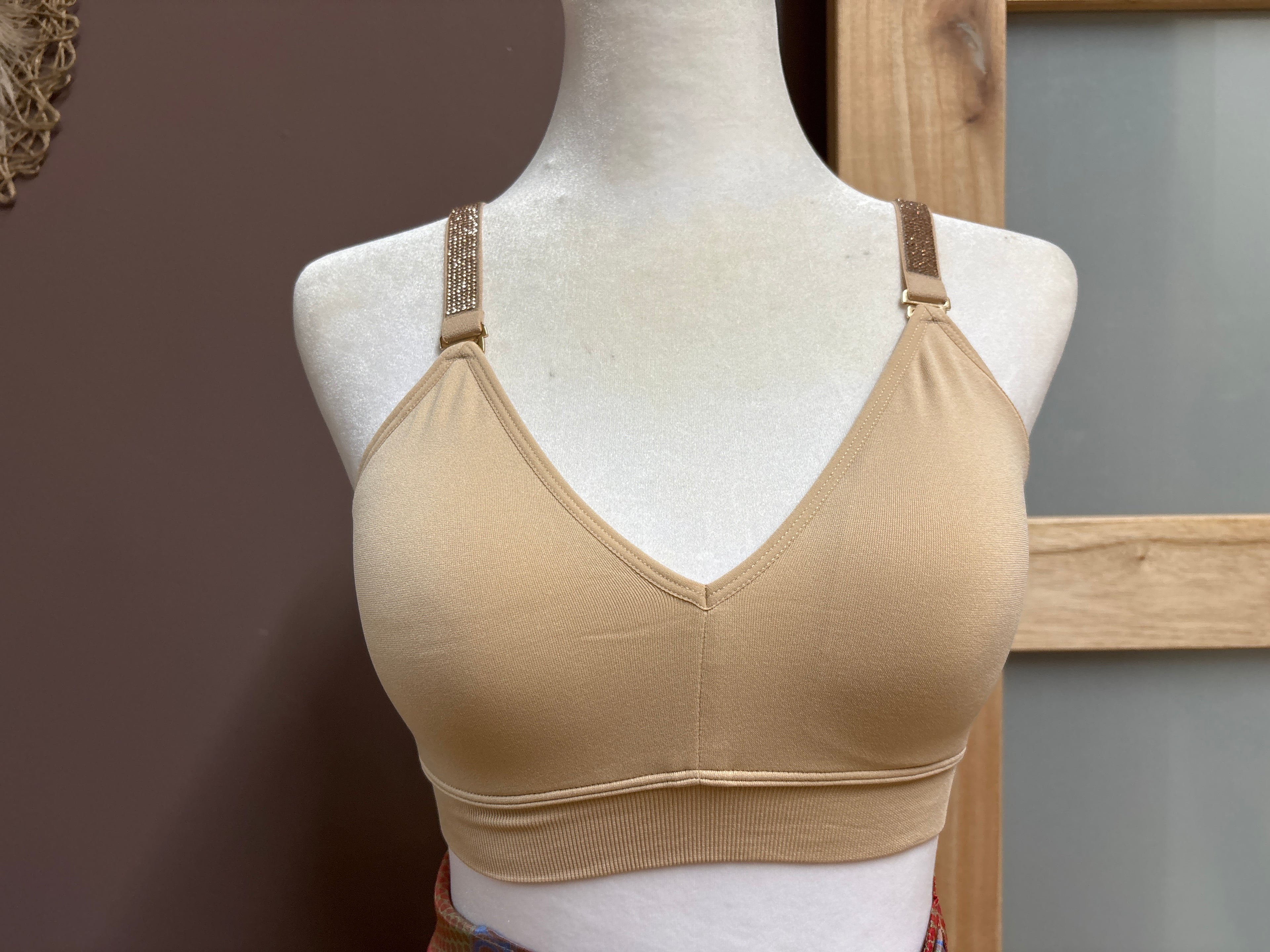 Strap-it’s- Nude plunge bra with rose gold rhinestones