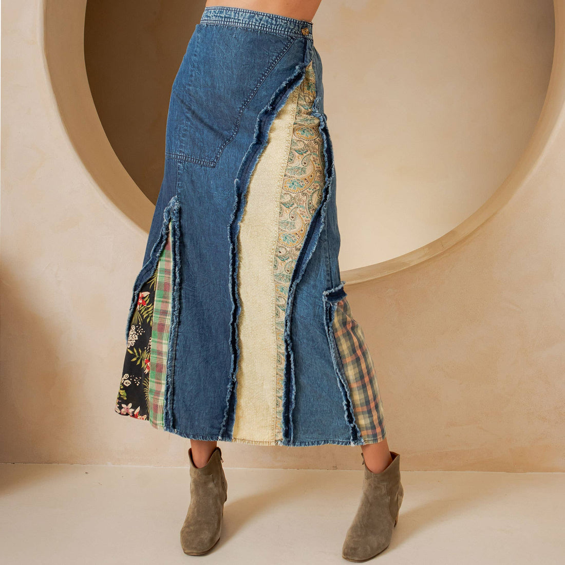 Young Threads - Western Boho Chic: Patch Inserted Denim Midi Skirt- New