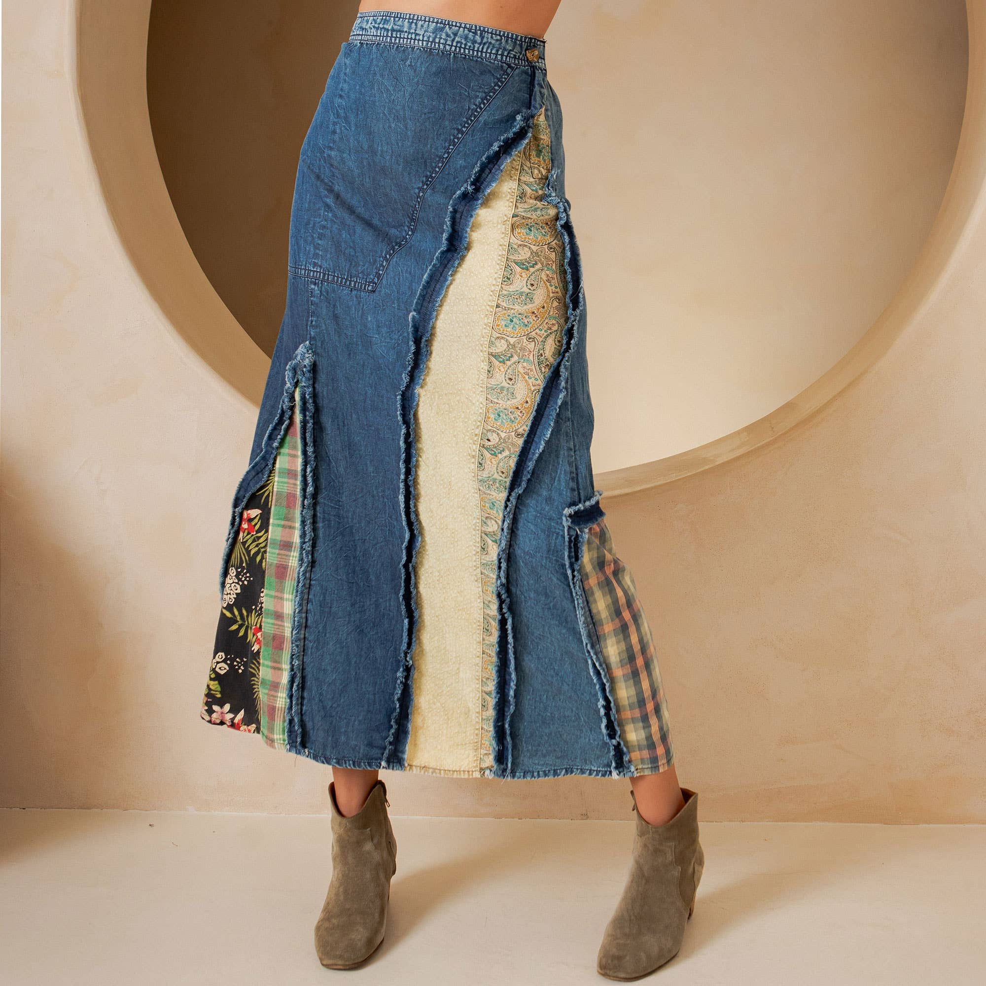 Young Threads - Western Boho Chic: Patch Inserted Denim Midi Skirt- New