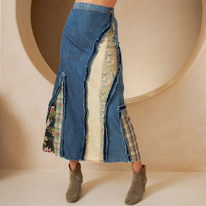 Young Threads - Western Boho Chic: Patch Inserted Denim Midi Skirt- New