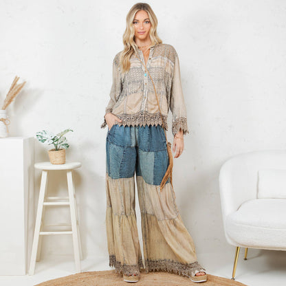 Young Threads - Chic Lace Patch Shacket with White Shell Buttons