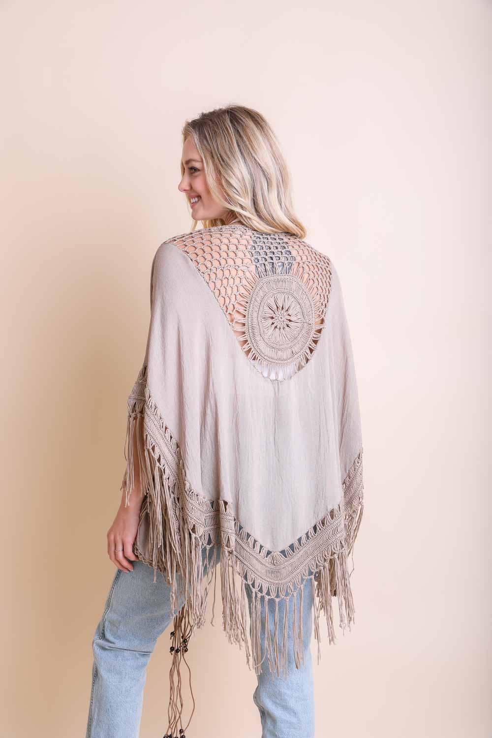Leto Accessories - Festival-Ready Crochet Back Tasseled Kimono Jacket 