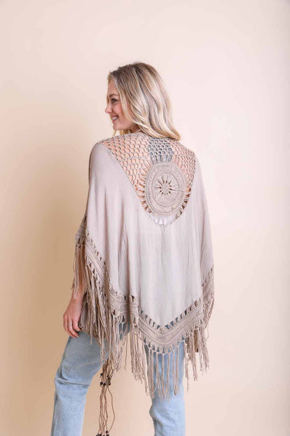 Leto Accessories - Festival-Ready Crochet Back Tasseled Kimono Jacket 