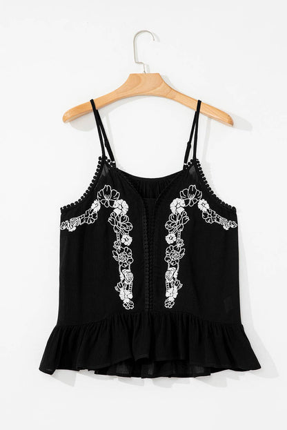 Lovesoft - Black Floral Embroidery Ruffled Spaghetti Straps Tank Top