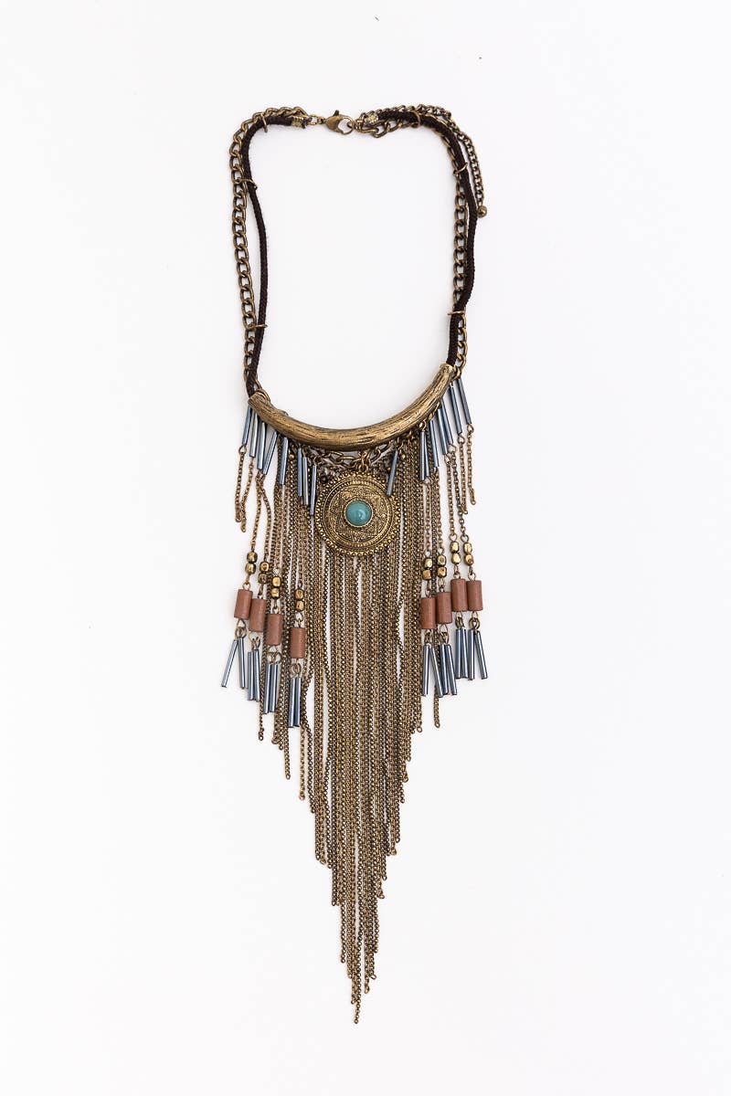Leto Accessories - Antique Gold Turquoise Fringe Necklace