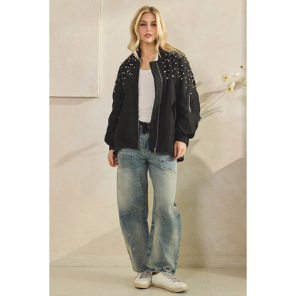 Veveret - Rhinestone Oversize Bomber Jacket
