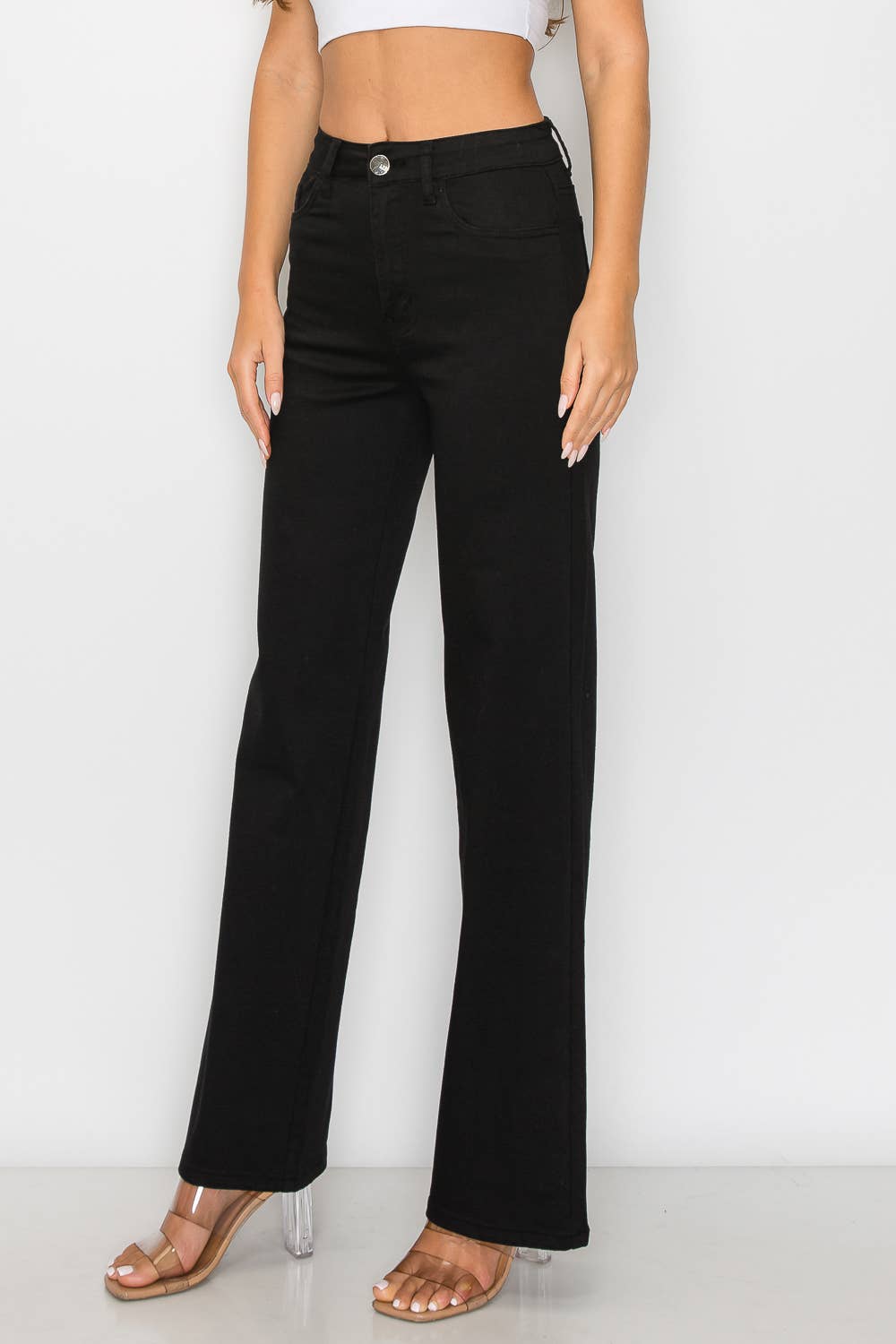 Denim Zone U.S.A. - LVB-200 BLACK HIGH WAISTED STRETCHY WIDE LEGS JEANS