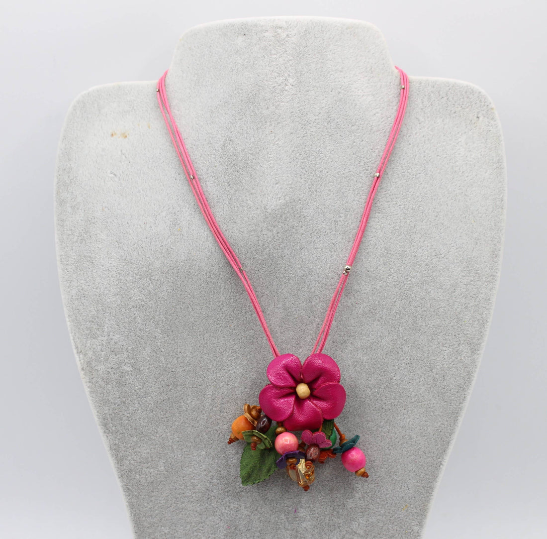 Leather flower necklace with wood beads