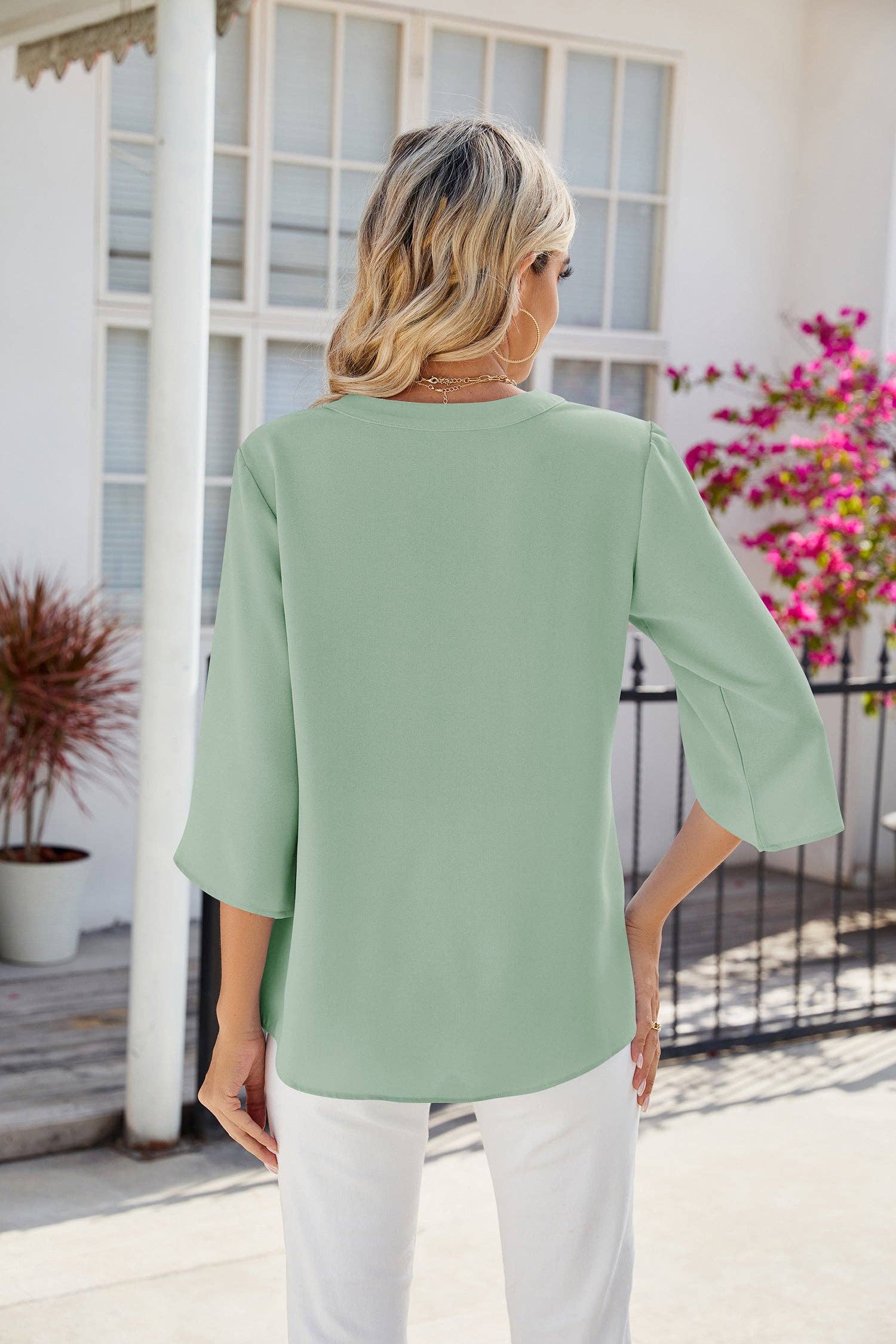 Lovesoft - V-neck Medium sleeve chiffled chiffon top