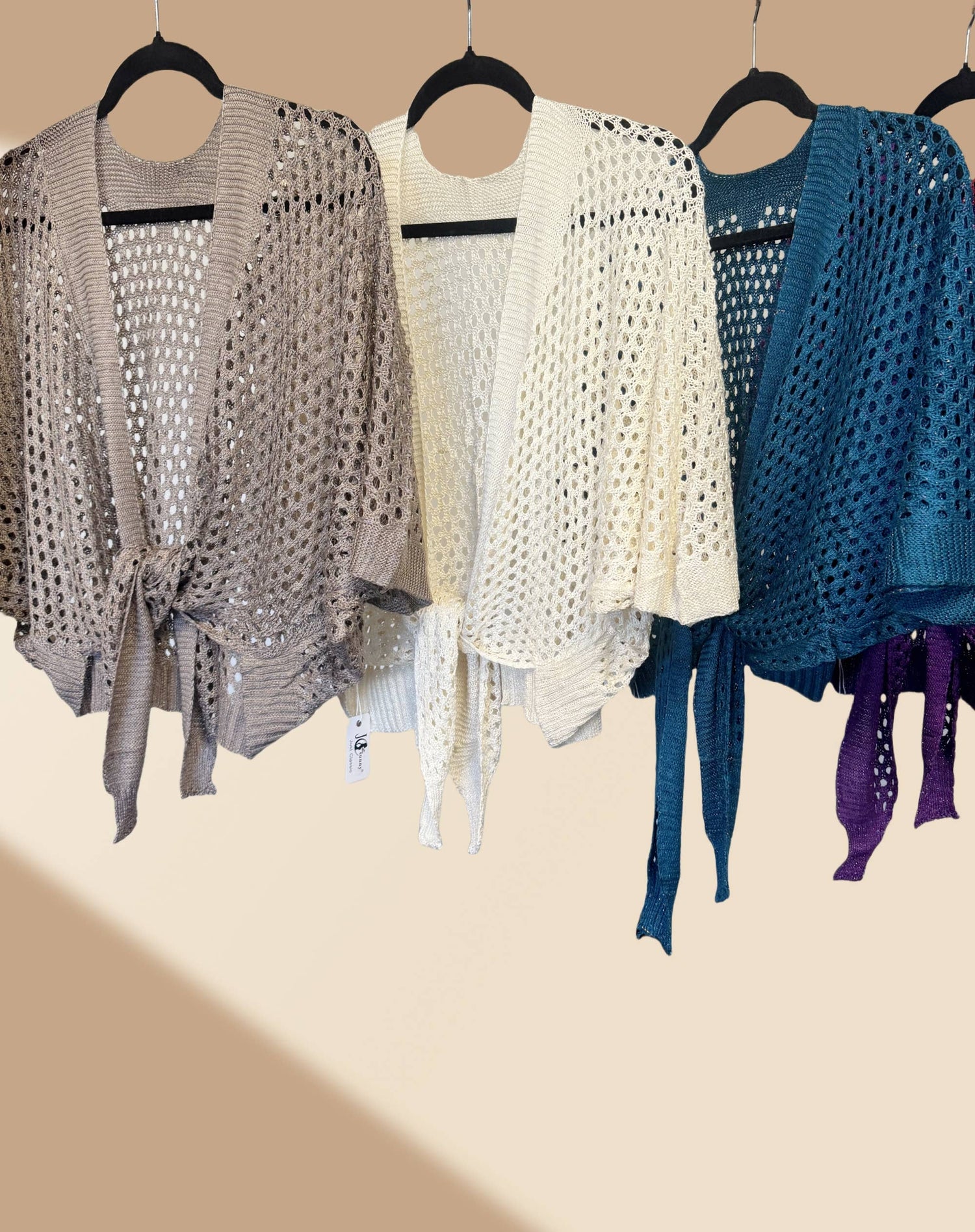 JC Sunny Fashion - Eyelet Open-Knit Metallic Cardigan with Front Tie