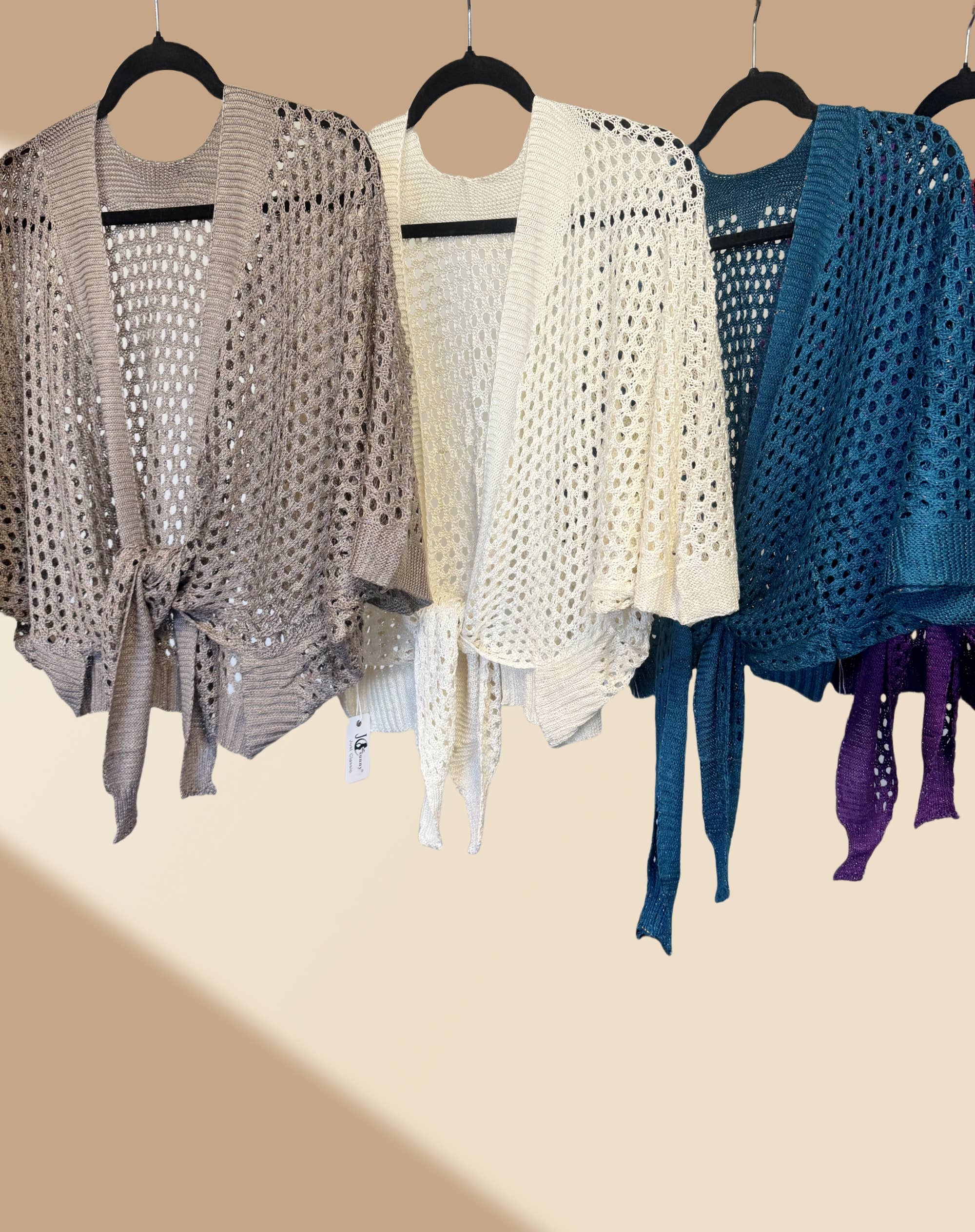 JC Sunny Fashion - Eyelet Open-Knit Metallic Cardigan with Front Tie