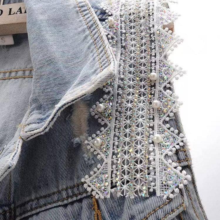 SALINA TRADING INC - Women Fashion Lace Beaded Denim Vest with POLO Collar