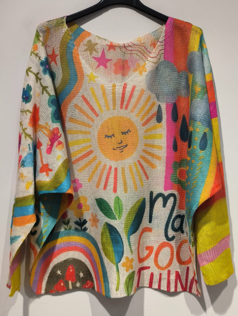 LOOWIE -  POSUN Yellow Sunshine V-Neck Knit Printed Sweater  LOOWIE