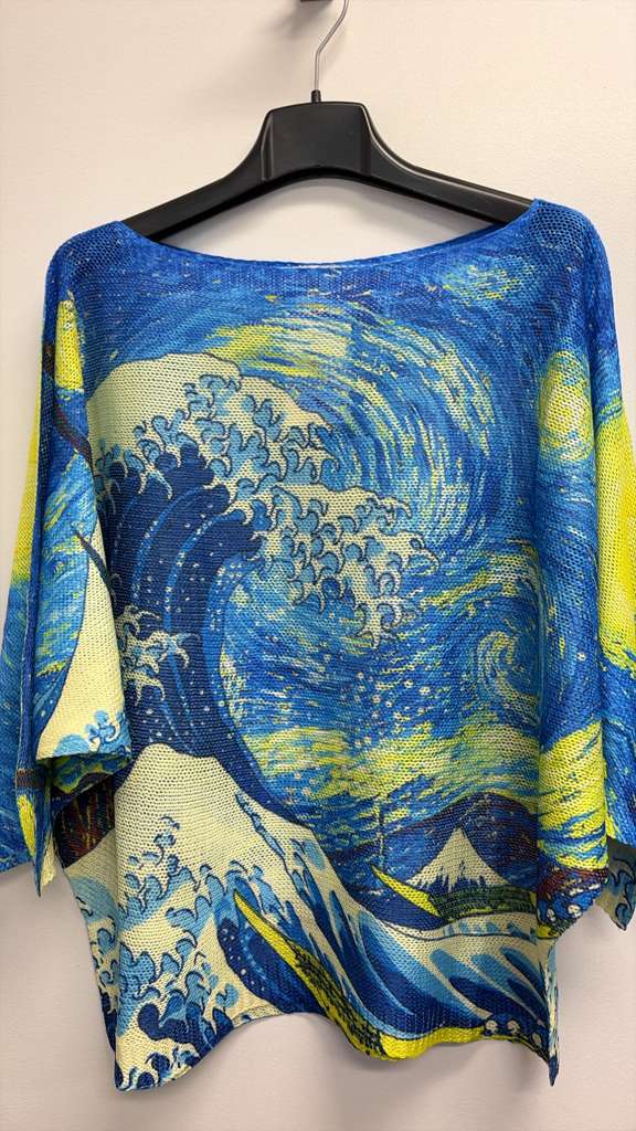 LOOWIE -Italian OS Blue Yellow Waves Printed Knit Sweater