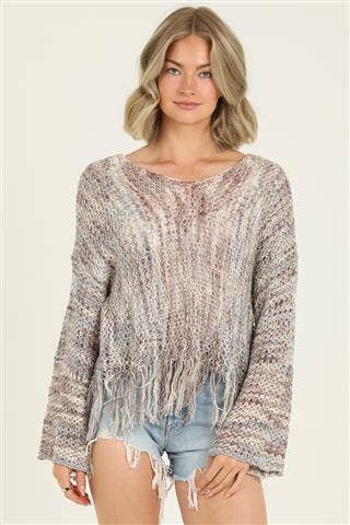 ANGIE - V NECK FRINGE HEM PULLOVER SWEATER