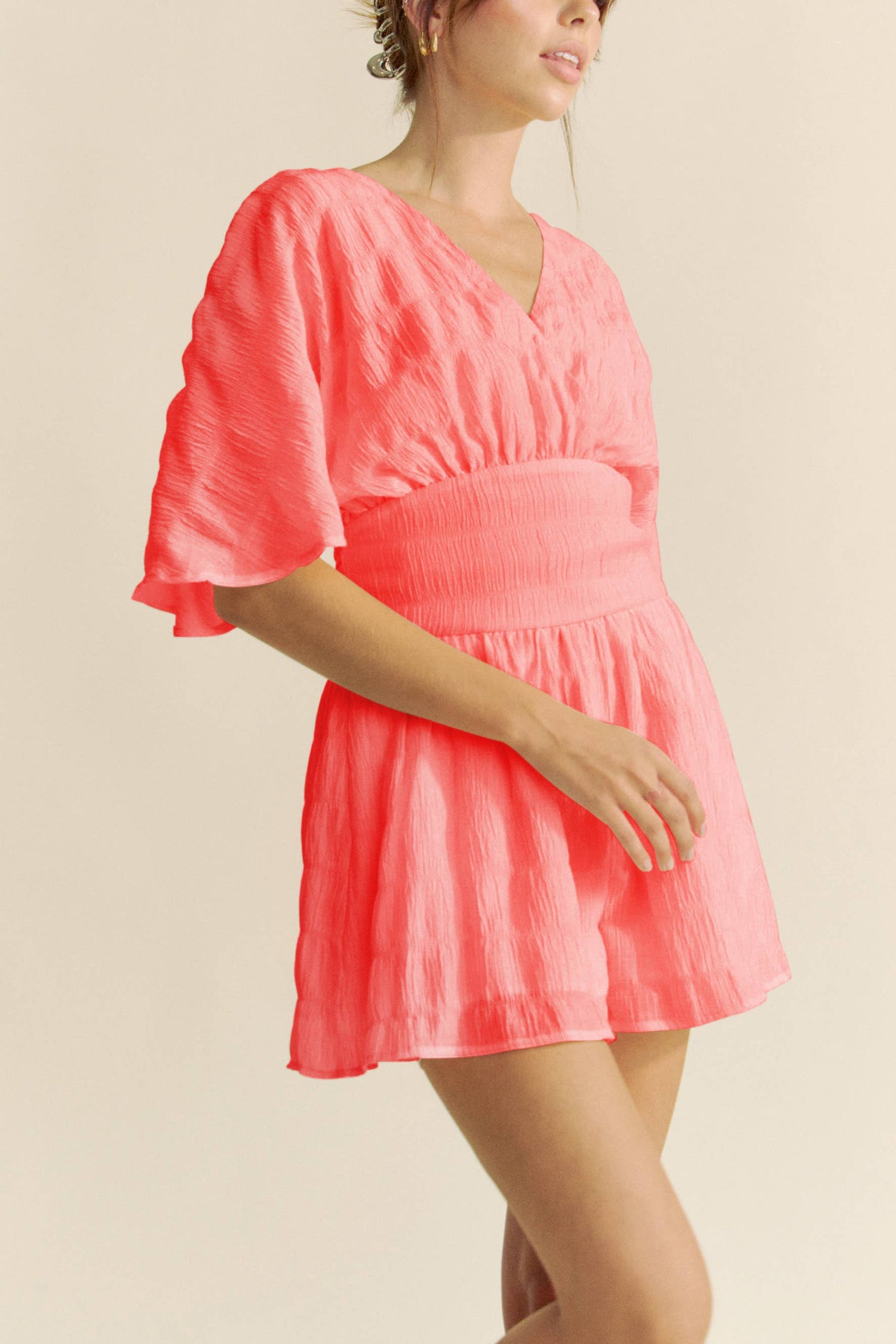 Davi &amp; Dani - BATWING SLEEVES SNAPE BUTTON UP WAISTBELT ROMPER