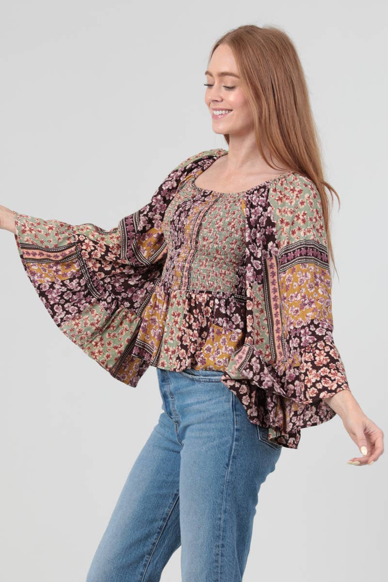 ANGIE - FULLY SMOCKED BODICE TOP WITH A WIDE SLEEVE