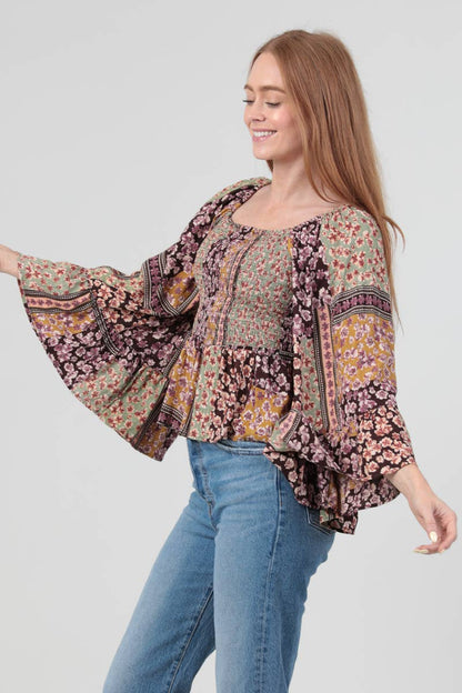 ANGIE - FULLY SMOCKED BODICE TOP WITH A WIDE SLEEVE