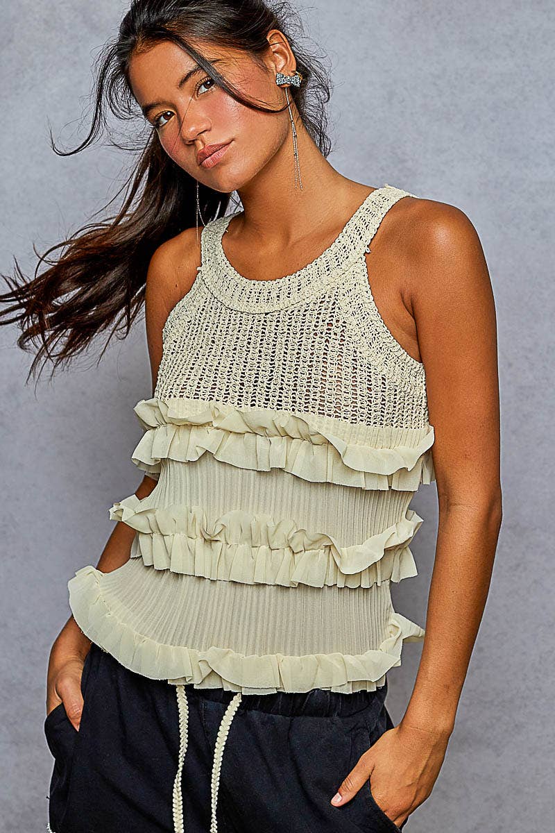 Pol Clothing - Round neck sleeveless ruffle detail crochet top