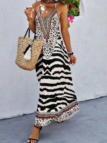 Anna Kaci Wholesale - V Neck Printed Spaghetti Strap A Line Maxi Dress