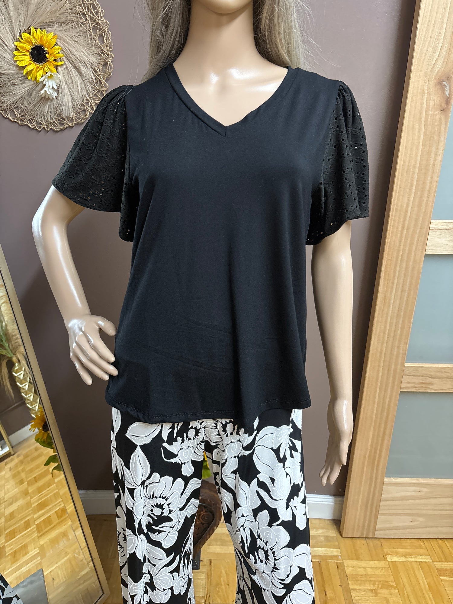Brooklyn Isles- black eyelet short sleeve blouse